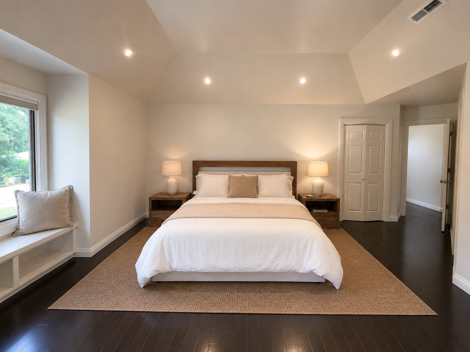 Furnished primary bedroom with vaulted ceiling and window seat at Casa Rita, Bentonville AR