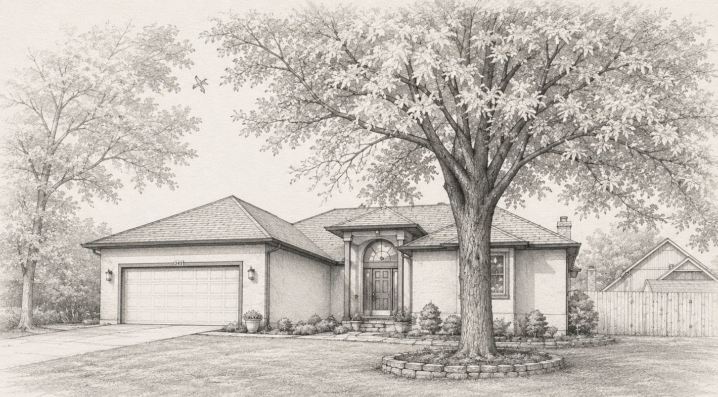Architectural fine-line elevation drawing of Casa Rita, a furnished executive home in Bentonville, Arkansas
